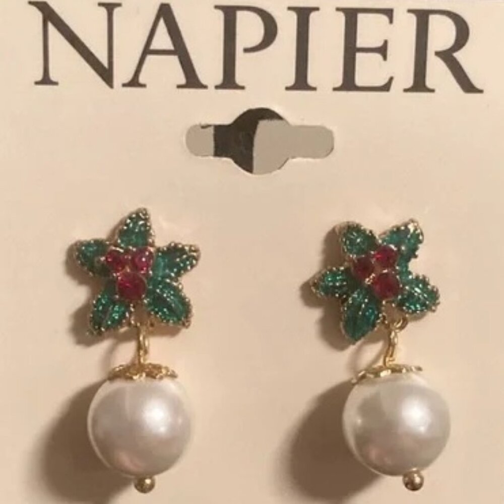 NAPIER Holiday Christmas Mistletoe Red Crystal/Green Enamel + Pearl Earrings